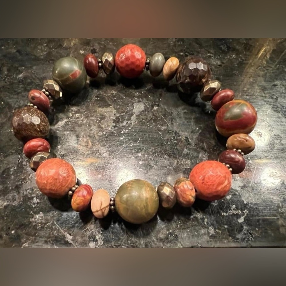 Unakite and gold hematite stretch bracelet